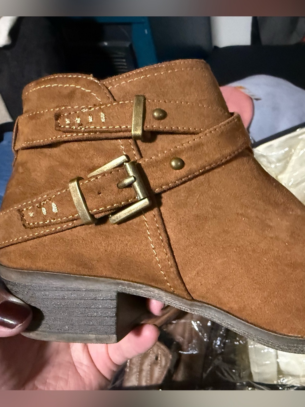 Women's Tan Suede Ankle Boot with Buckle Detail
